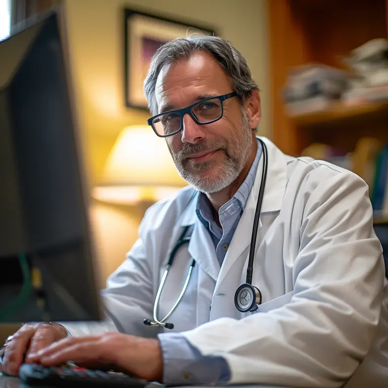 Doctor wearing glasses and a white coat sitting in an office and reviewing data on a computer with a professional and trustworthy expression.