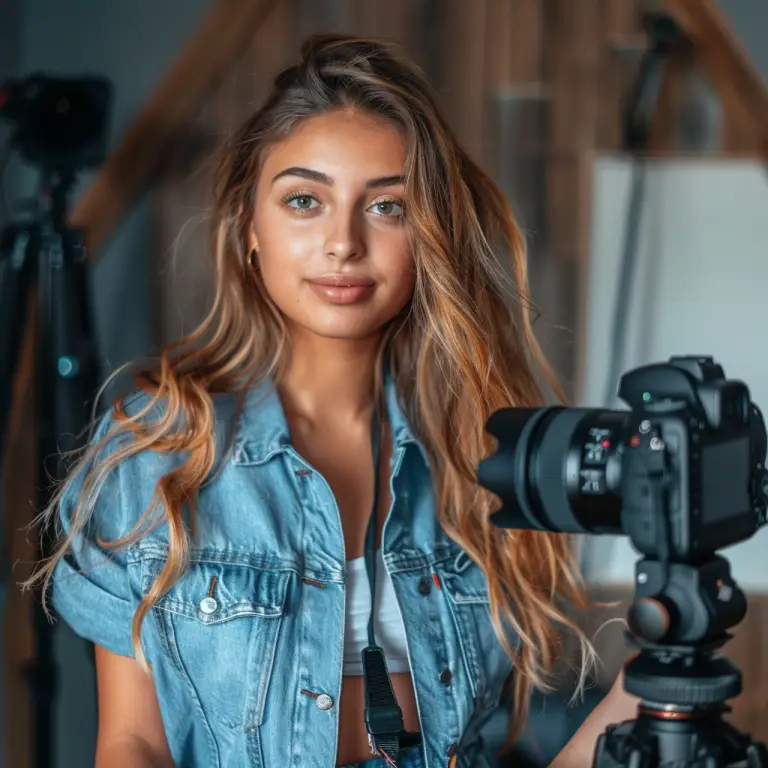 A content creator in a denim jacket filming a video with a professional camera, surrounded by camera equipment.